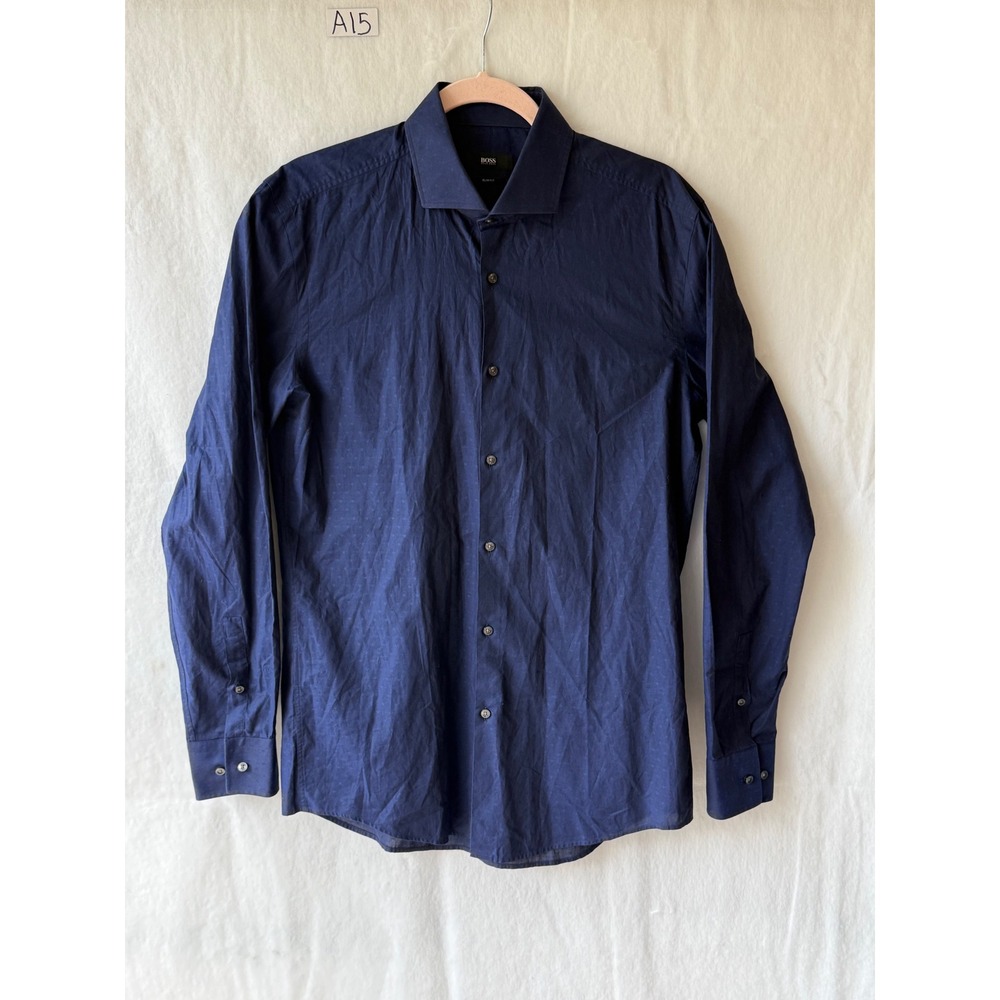 Hugo Boss Jason-A-02 Navy Blue Slim Fit Tessitura Monti Dress Shirt Mens 16 40 L